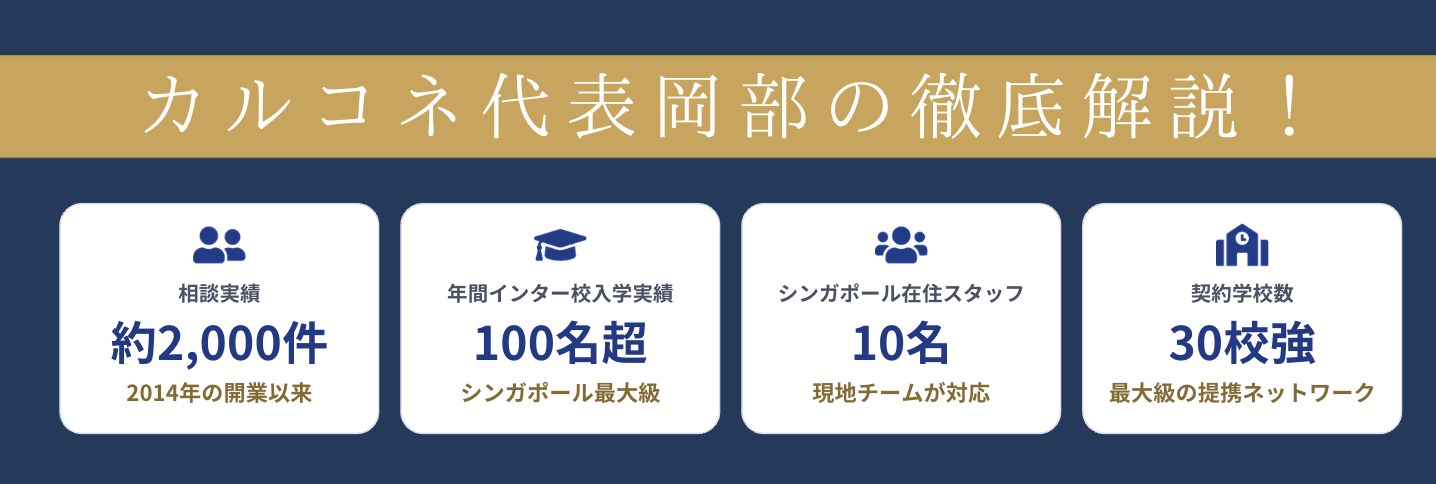 カルコネ代表岡部の徹底解説。相談実績約2,000件（2014年の開業以来）、年間インター校入学実績100名超、シンガポール在住スタッフ10名、契約学校数30校強